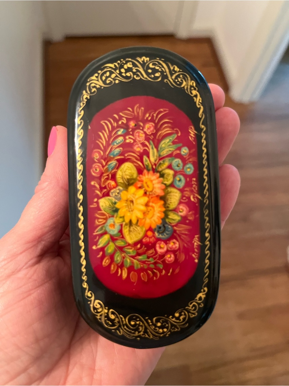 Hand-Painted Floral Lacquer Trinket Box - Red, Black, Gold